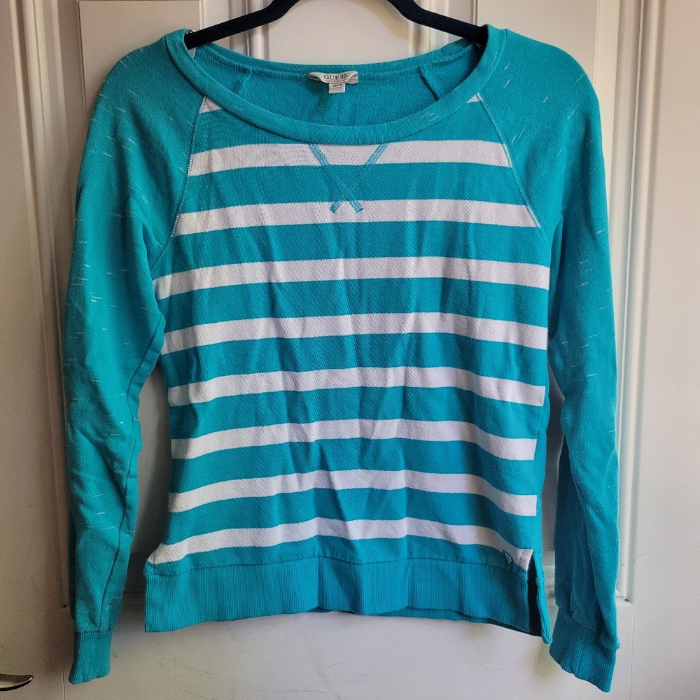 Guess Teal Long Sleeve Striped Crewneck Top